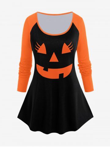 T-shirt D'Halloween Motif de Dessin Animé en Blocs de Couleurs à Manches Raglan - BLACK - 5X | US 30-32