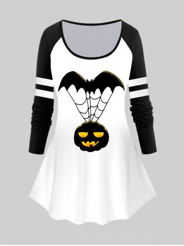 Halloween Bat Pumpkin Printed Two Tone Raglan Sleeves Tee - WHITE - M | US 10