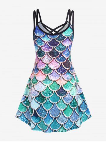 Plus Size Crisscross Mermaid Fish Scale Print A Line Dress