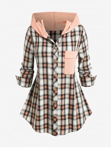 Plus Size Plaid Colorblock Textured Hooded Shirt with Pocket - LIGHT ORANGE - M | US 10