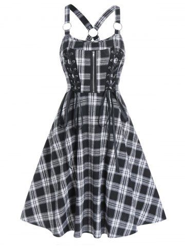 Vintage Plaid Print Lace Up O Ring Cut Out A Line Mini Summer Casual Dress - BLACK - L