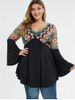 Plus Size V Neck Bell Sleeve Embroidery T-shirt -  
