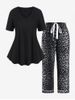 Plus Size Solid V Neck Tee and Leopard Print Pants Pajamas Set -  