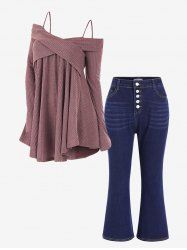 Plus Size Crossover Cold Shoulder Tee and Flare Jeans Outfit -  