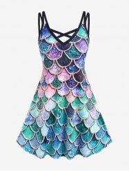 Plus Size Crisscross Mermaid Fish Scale Print A Line Dress -  