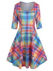 Colorful Plaid Print Half Sleeve Dress -  