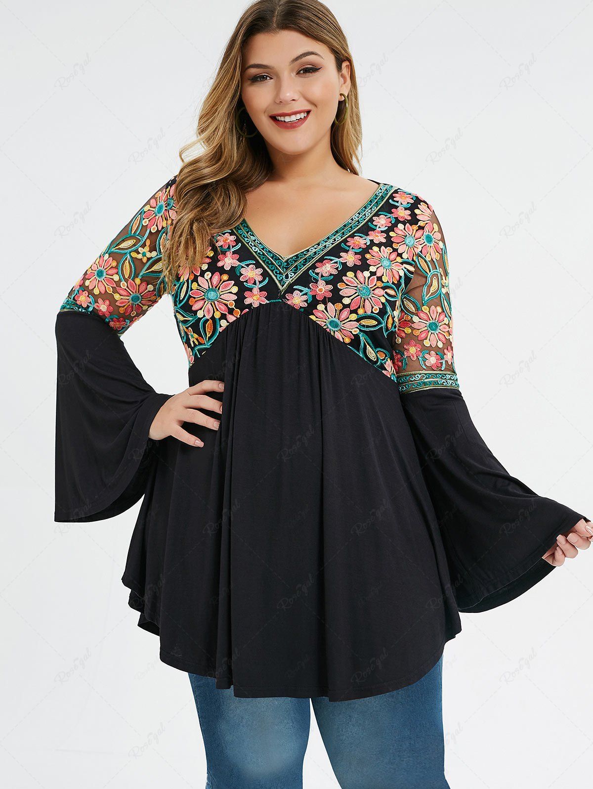 Shop Plus Size V Neck Bell Sleeve Embroidery T-shirt  