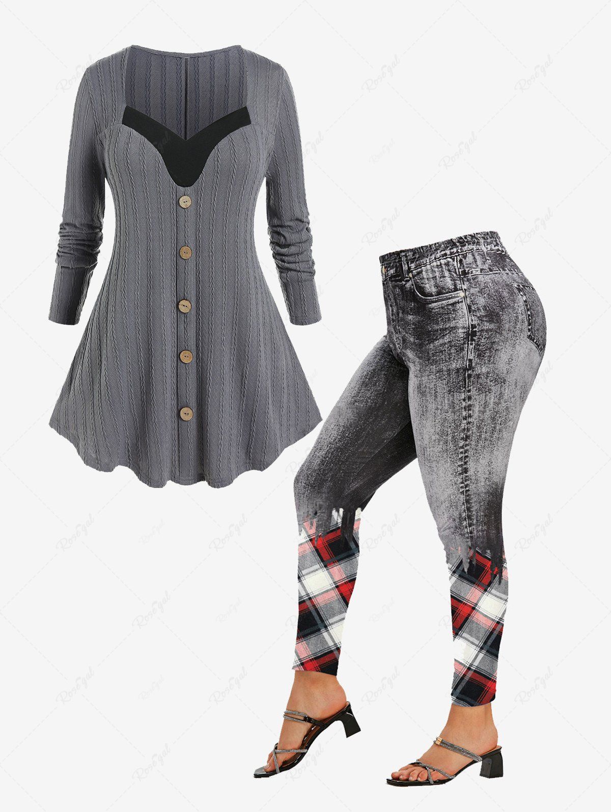 Outfit Sweetheart Neck Mock Buttons Contrast Trim T-shirt and High Waist 3D Denim Print Plaid Jeggings Plus Size Outfit  