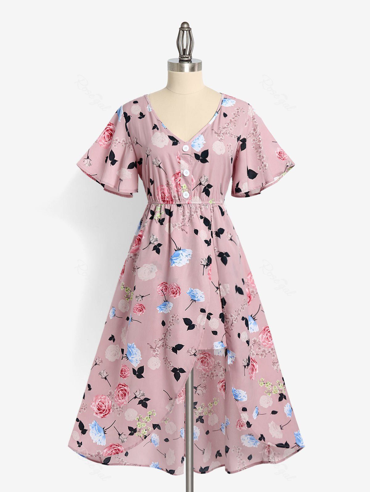 Rosegal Plus Size & Curve Floral Print Flutter Sleeve High Low Dress