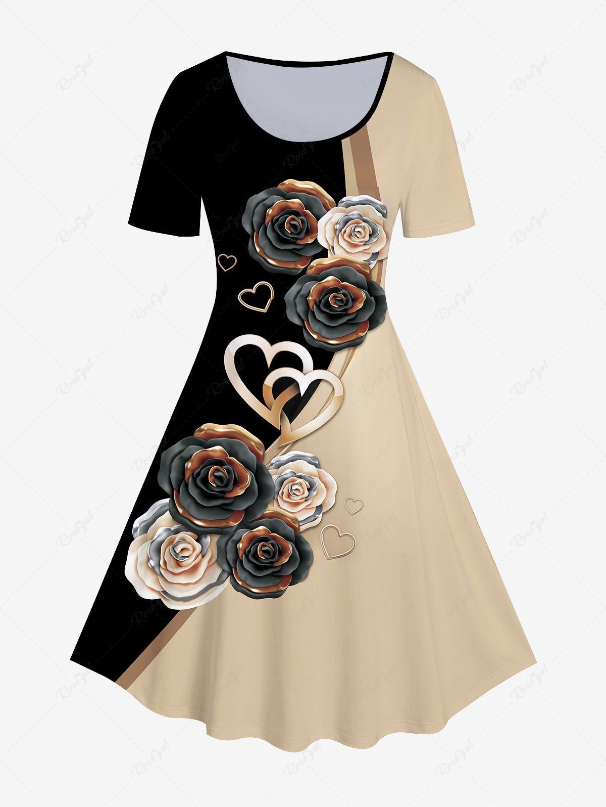 Sale Plus Size Rose Print Colorblock T-shirt Dress  