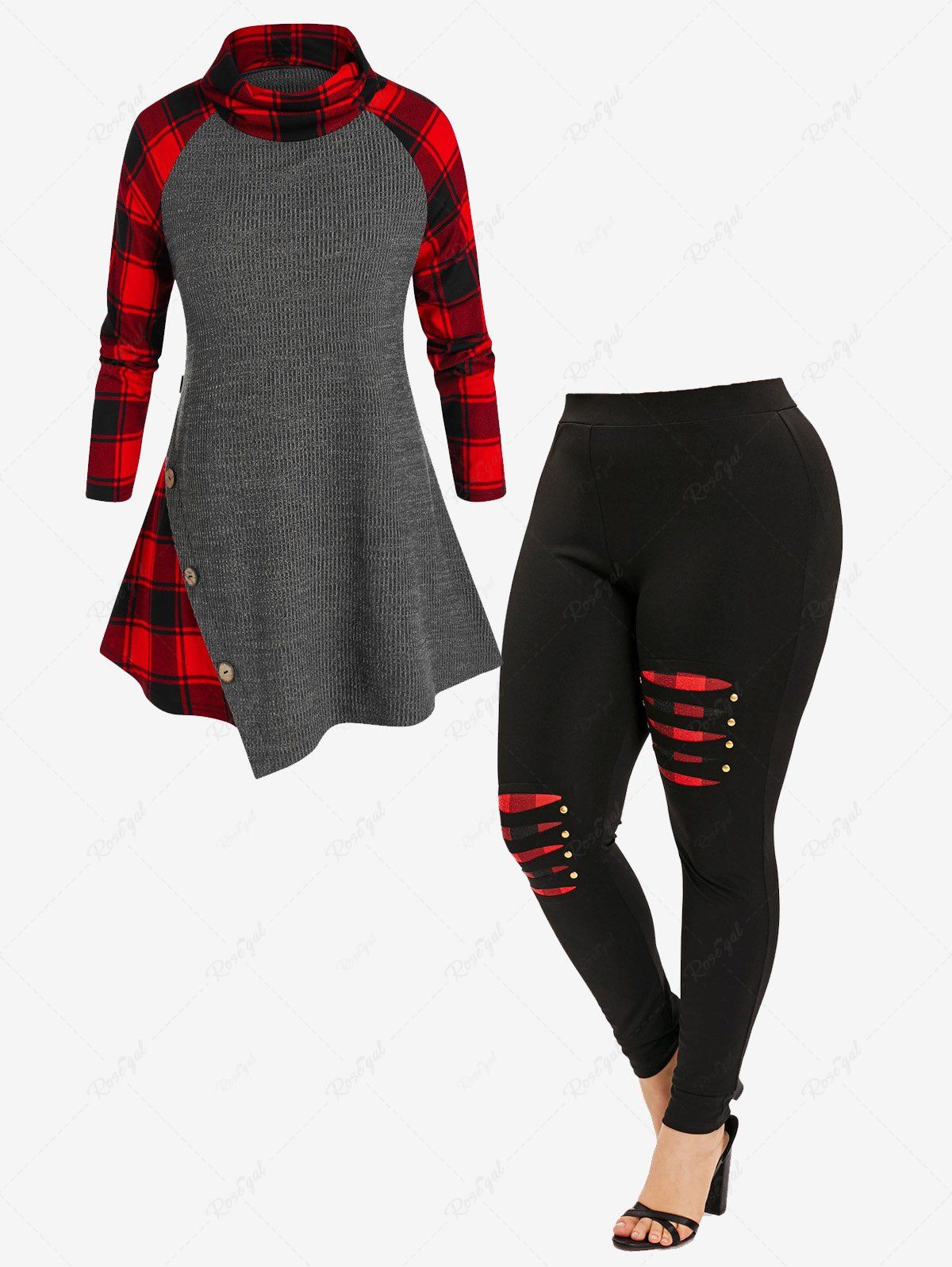 Trendy Plaid Panel Asymmetric Buttons Sweater and Plaid Ripped Panel Leggings Plus Size Outfit  
