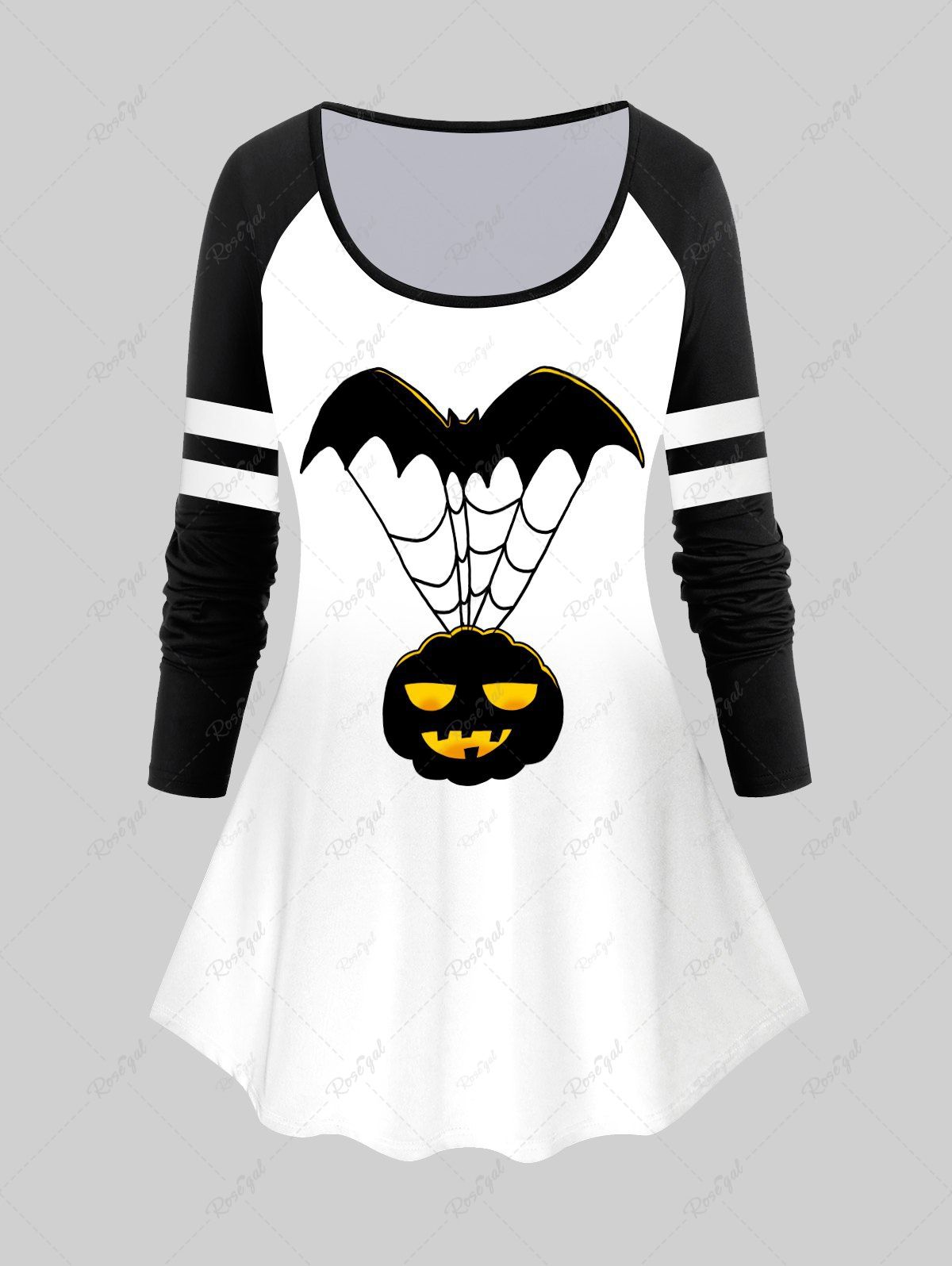 T-shirt D'Halloween Bicolore à Imprimé Citrouille et Chauve-souris à Manches Raglan Blanc 4X | US 26-28