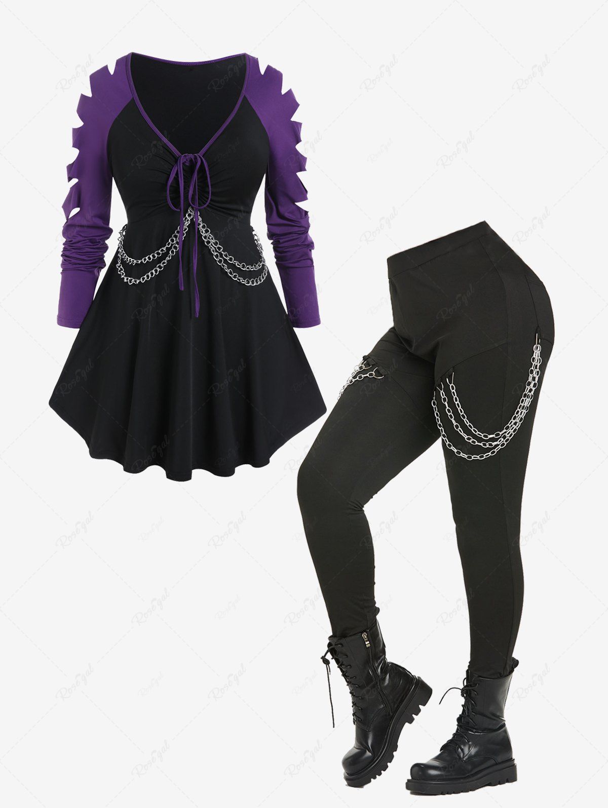 Shop Gothic Ladder Cutout Cinched Chains Tee and Skinny Pull On Pants Outfit  