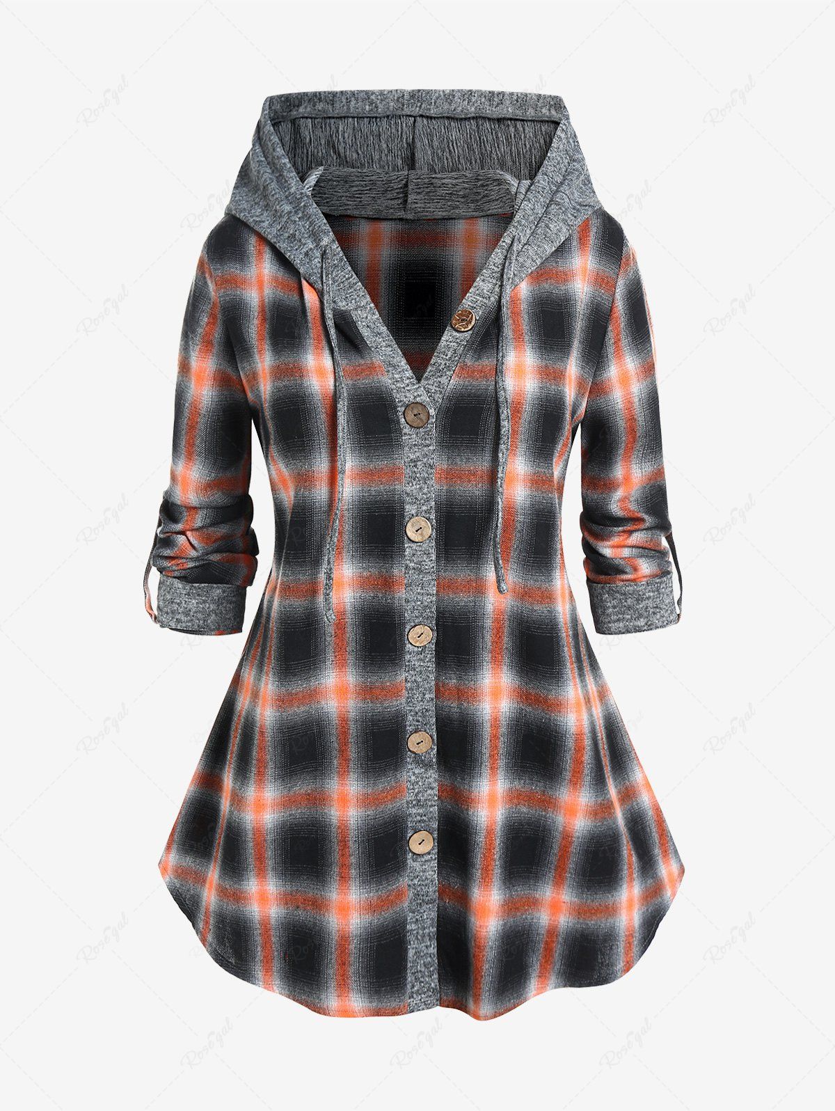 Sale Plus Size Hooded Drawstring Roll Up Sleeve Plaid Shirt  
