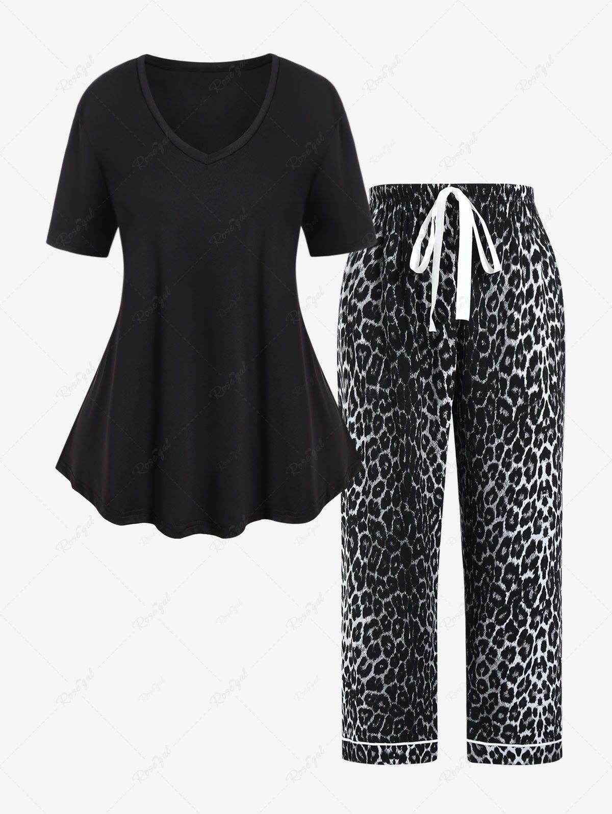 Discount Plus Size Solid V Neck Tee and Leopard Print Pants Pajamas Set  