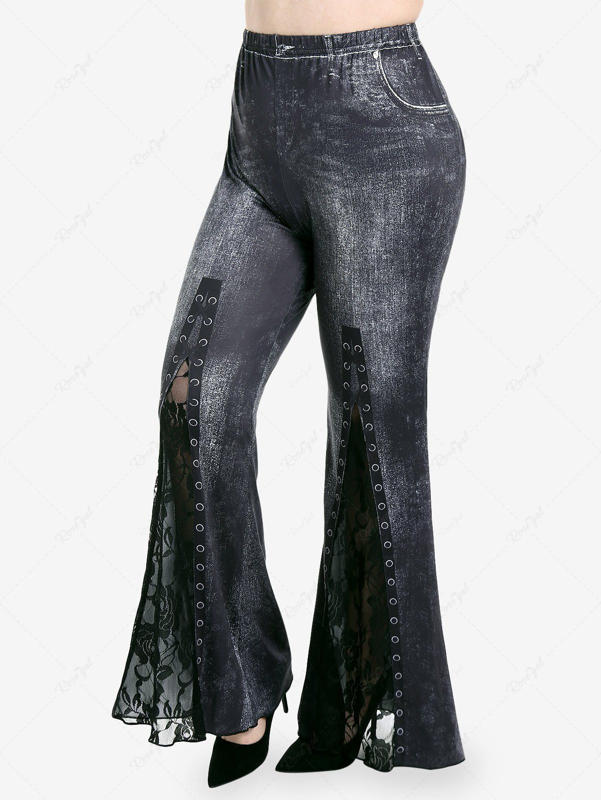 Hot Plus Size High Rise 3D Denim Print Lace Panel Bell Bottom Pants  