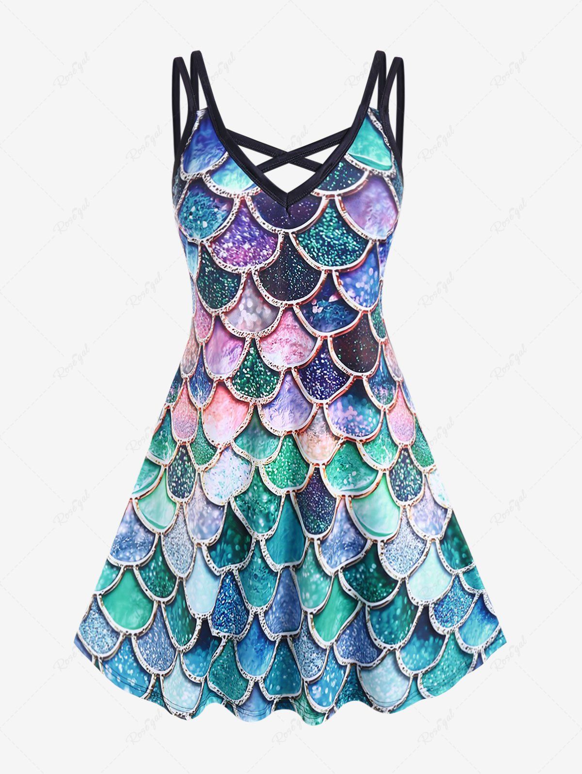 Cheap Plus Size Crisscross Mermaid Fish Scale Print A Line Dress  