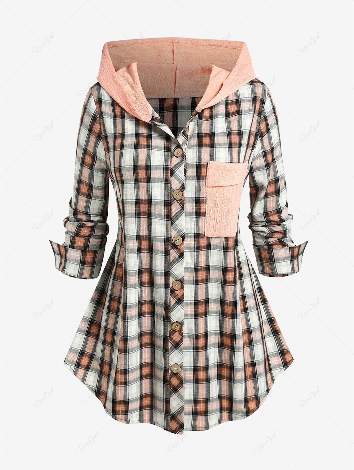 Hot Plus Size Plaid Colorblock Textured Hooded Shirt with Pocket  
