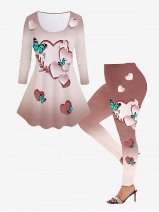 3D Heart Butterfly Print T-shirt and High Waist Leggings Plus Size Outfit