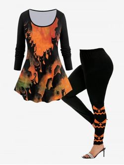 Halloween Cat Raglan Sleeve T-shirt and Cartoon Pattern Leggings Outfit - BLACK