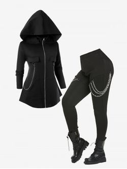 Manteau à Capuche Zippé Gothique en Couleur Unie avec Pantalon Poche à Rabat et Chaîne - BLACK
