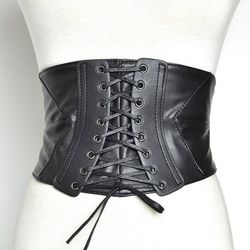 Lace Up PU Leather Wide Waistband Corset Belt - BLACK