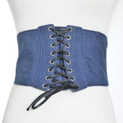 Lace Up Denim Wide Waistband Corset Belt - BLUE
