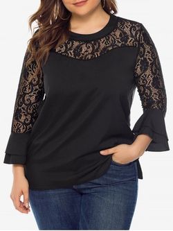 Plus Size Lace Panel Flare Sleeves Solid Blouse - BLACK - 4XL