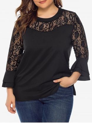 Plus Size Lace Panel Flare Sleeves Solid Blouse