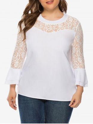 Plus Size Lace Panel Flare Sleeves Solid Blouse