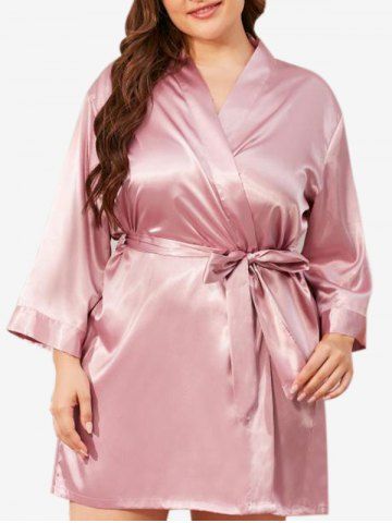 Plus Size Solid Belted Pajama Satin Wrap Robe - LIGHT PINK - 1XL