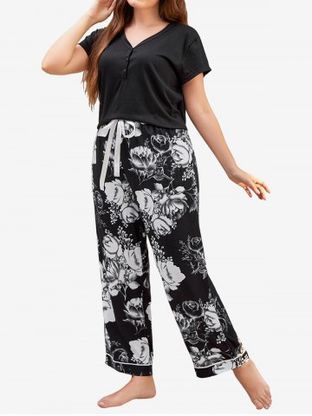Plus Size V Neck Flower Printed Pants Pajamas Set
