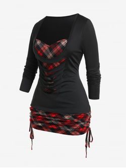 Plus Size Ripped Cinched Sides Plaid 2 in 1 Tee - BLACK - M | US 10
