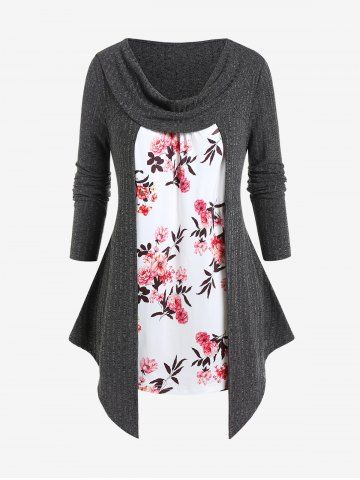 Plus Size Floral Ribbed Cowl Neck Colorblock 2 in 1 Tee - GRAY - 2X | US 18-20