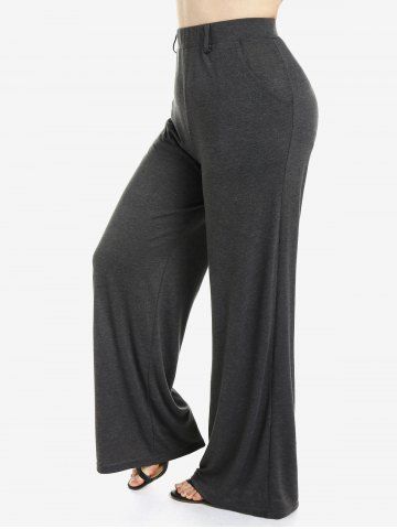 Plus Size Wide Leg Pull On Pants with Pockets - DARK GRAY - M | US 10
