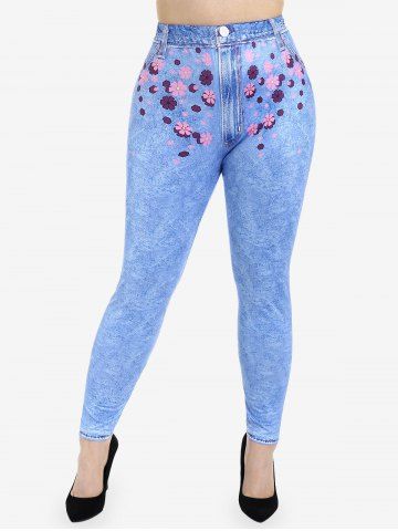 Plus Size 3D Jeans Floral Printed Skinny Leggings