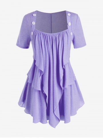 Plus Size Layered Draped Buttoned Round Hem Tunic Tee