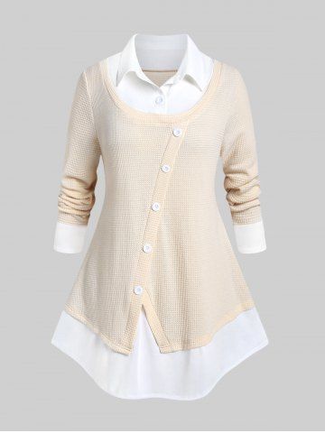 Plus Size Shirt Collar Two Tone Long Sleeves 2 in 1 Sweater - LIGHT COFFEE - 1X | US 14-16