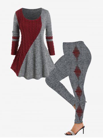 Colorblock Knitted Tee and High Waist 3D Ripped Print Leggings Plus Size Outfit - GRAY