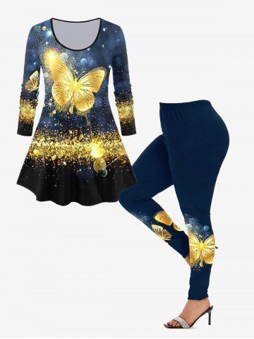 Long Sleeve Glitter Butterfly Print T-shirt and High Waist Leggings Plus Size Outfit - DEEP BLUE