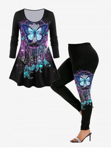 Butterfly Dreamcatcher Print T-shirt and Leggings Plus Size Bundle - BLACK