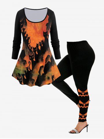 Halloween Cat Raglan Sleeve T-shirt and Cartoon Pattern Leggings Outfit