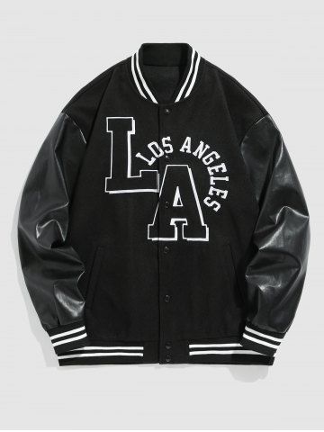 LOS ANGELES Embroidery PU Leather Spliced Baseball Varsity Jacket - BLACK - S