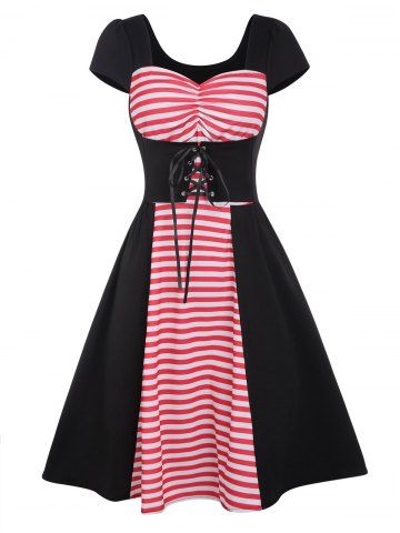 Colorblock Striped Print Ruched Lace Up High Waist A Line Mini Dress - BLACK - S