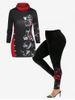 Ensemble de Sweat-shirt à Imprimé Fleur et Rose à Col Bénitier avec Bouton de Grande Taille et Legging à Taille Haute - Noir 