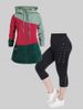 Colorblock Corduroy Hooded Zip Up Jacket and High Waist Grommets Lace Up Zippered Capri Pants Plus Size Outfit -  