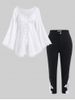 Plus Size Lace Trim Hollow Out Cinched Flare Sleeves Tee and High Rise Jeans Outfit -  