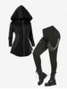 Gothic Zipper Fly Chains Flap Pocket Solid Hooded Coat and Pull On Pants Outfit -  