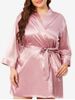 Plus Size Solid Belted Pajama Satin Wrap Robe -  