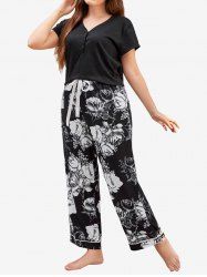 Plus Size V Neck Flower Printed Pants Pajamas Set - 4xl 